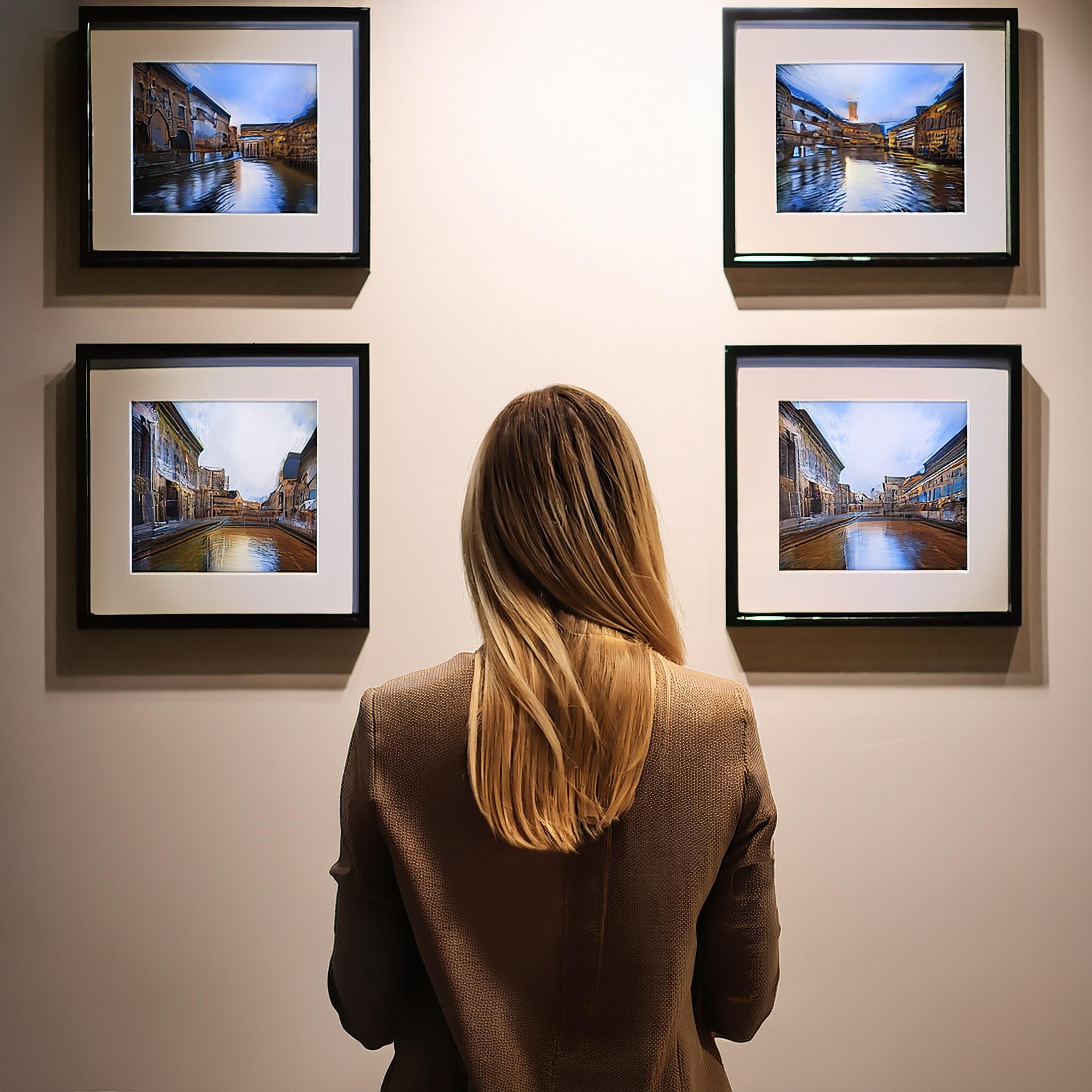 Firefly Person looking at multiple copies of the same picture in a gallery 26701